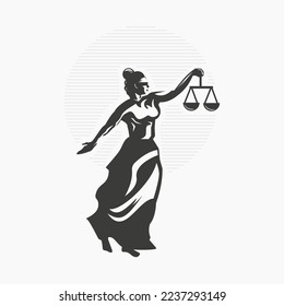 Goddess of Justice symbol design illustration. Woman holding scales, Woman with blindfold taking court logo design inspiration