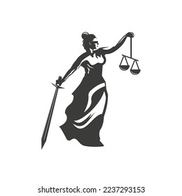 Goddess of Justice symbol design illustration. Woman holding scales and sword, Woman with blindfold taking court logo design inspiration