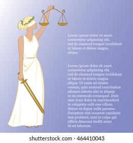 Goddess of justice Themis. Goddess of justice Femida with balance and sword. Place for text