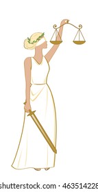 Goddess of justice Themis. Femida vector. Goddess of justice Femida with balance and sword. Vector illustration