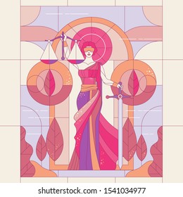 The goddess of justice Themis. Lady of justice Femida. Symbol of law and justice. glass painting illustration