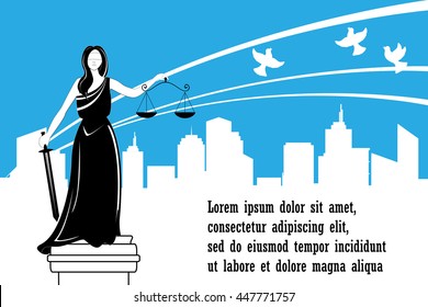 Goddess of justice Themis on the city background. Justice Day vector. Peace, safety and  immunity concept. Goddess of justice Femida with balance and sword. Themis statue and happy city behind