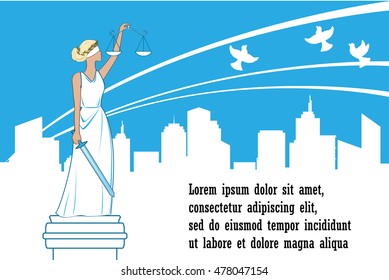 Goddess of justice Themis on the city background. Justice Day vector. Peace, safety and immunity concept. Themis statue and happy city behind