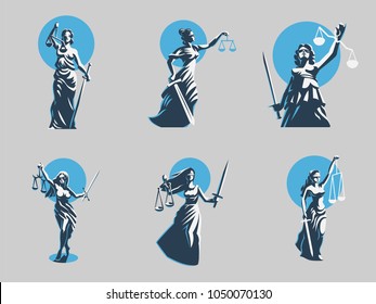 The goddess of justice Themis. Set. Vector illustration
