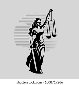 Goddess of Justice Themis. A woman in a tunic blindfolded with a sword in one hand and scales in the other. Vector silhouette