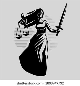 Goddess of Justice Themis. A woman in a tunic blindfolded with a sword in one hand and scales in the other. Vector silhouette