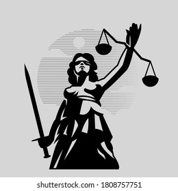 Themis, diosa de la justicia. Una mujer en una túnica con los ojos vendados con una espada en una mano y escalas en la otra. Silueta vectorial