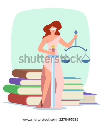 Goddess of justice vector illustration. Themis with sword and scales standing by books on white background. Infringement of human rights, desire for knowledge
