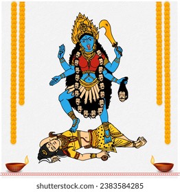 Goddess Kali Maa illustration on Diwali Kali Puja with oil diya and decorative hanging flower