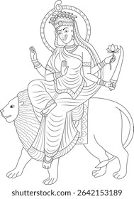 Goddess Katyayani Mata Line Art, Black and white line drawing of Katyayani Mata, the sixth form of Goddess Durga, depicted with multiple arms, holding a lotus and a sword, and riding a lion.