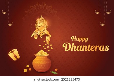 Goddess Lakshmi Blessing With Fortune Pot on Maroon Background. Dhanteras Festival Celebration Vector Illustartion 