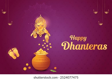 Bendición de la diosa Lakshmi con olla de la fortuna sobre fondo rosa. Ilustración de Vector de celebración del Festival de Dhanteras 