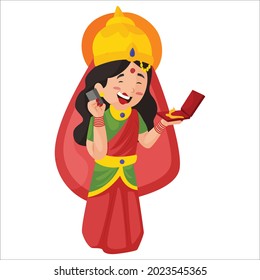 Goddess Lakshmi is holding a neckless box and credit card in hand. Vector graphic illustration. Individually on white background.