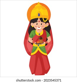 Goddess Lakshmi is holding the worship plate. Vector graphic illustration. Individually on white background.