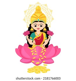 Goddess Lakshmi sitting on the lotus with of money and flowers in her hands. Vector cartoon illustration isolated on white background.