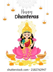 Goddess Lakshmi sitting on the lotus with of money and flowers in her hands. Design for holiday banner or card template. Traditional Indian festivals. Vector cartoon illustration.