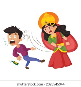 La diosa Lakshmi está abofeteando al borracho. Ilustración gráfica vectorial. Individualmente sobre fondo blanco.