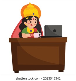 Goddess Lakshmi is working on the computer. Vector graphic illustration. Individually on white background.
