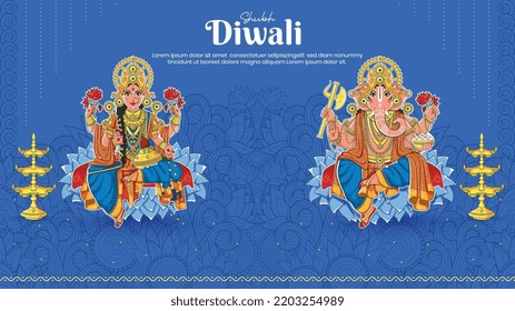 Goddess Laxmi and God Ganehsha on blue background with golden lamp and shubh Diwali text hindu festival 