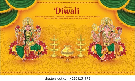 Goddess Laxmi and God Ganehsha on yellow old background with golden lamp and golden pot of coin and shubh Deepawali text