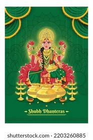 Goddess Laxmi with golden lamp and pot on green background with Shubh Dhanteras Hindi Text 