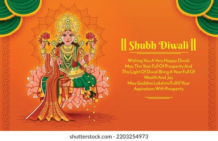 Goddess Laxmi on orange background wth shubh Diwali text