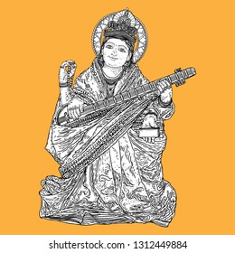 Goddess of learning, music, art and wisdom. Saraswati playing a lute for Vasant Panchami India festival background. Hand drawn vector.