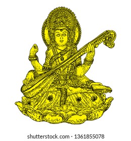 Goddess of learning, music, art and wisdom. Saraswati playing a lute for Vasant Panchami India festival background. Hand drawn vector.