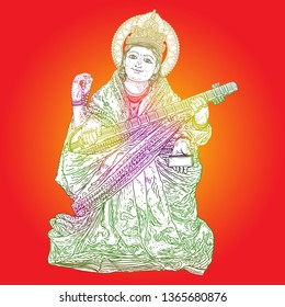 Goddess of learning, music, art and wisdom. Saraswati playing a lute for Vasant Panchami India festival background. Hand drawn vector.