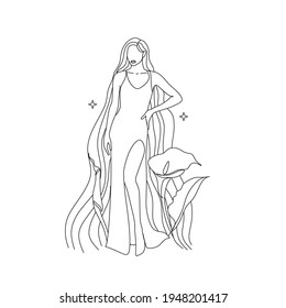 Vector de arte de la Línea de la Diosa. Estilo minimalista. Adecuado para la decoración, tatuajes, álbumes, tarjetas, papel pintado, carteles, impresión en camisetas. Vector aislado