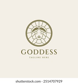 goddess logo design in circle frame with rays of light line art design style