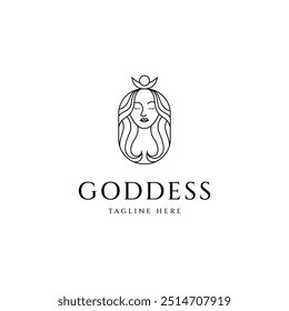 goddess logo design in oval frame with crescent moon line art design style