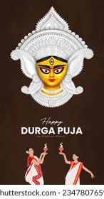 Goddess Maa Durga Face in Happy Durga Puja, Dussehra und Navratri Celebration Concept for Web Banner, Poster, Social Media Post und Flyer Advertising