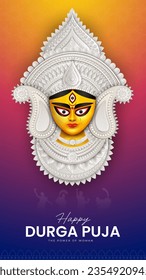 Goddess Maa Durga Face in Happy Durga Puja, Dussehra und Navratri Celebration Concept for Web Banner, Poster, Social Media Post und Flyer Advertising