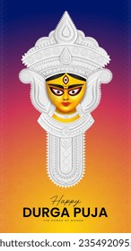 Goddess Maa Durga Face in Happy Durga Puja, Dussehra und Navratri Celebration Concept for Web Banner, Poster, Social Media Post und Flyer Advertising