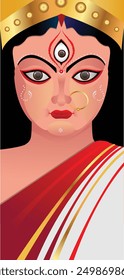 Goddess Maa Durga Vector Artwork of Hindu Religious Festival of India with Red and White Saree and Gold Crown on Her Head, Vintage Style Image with Third Eye and Jewlery for Greeting and Advertisement