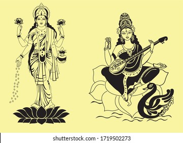 Goddess maa Lakshmi and Saraswati Vector illustration