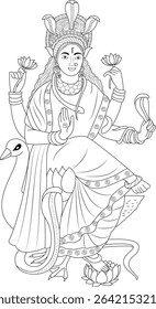 Goddess Manasa Line Art Illustration, Black and white line art illustration of Maa Manasa, the Hindu goddess of snakes, fertility, prosperity, and prevention of snakebite. She is depicted seated on