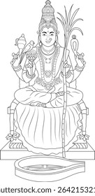Goddess Meenakshi - Hindu Deity Line Art, Black and white line drawing of Goddess Meenakshi seated on a throne. A traditional depiction of the Hindu deity holding a parrot, lotus, staff, and pot,