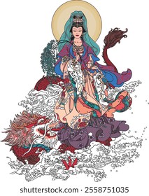 [Goddess of Mercy] in [My style headmaster] embodies compassion and grace. The depiction blends tradition with creativity, highlighting a serene and spiritual presence. 