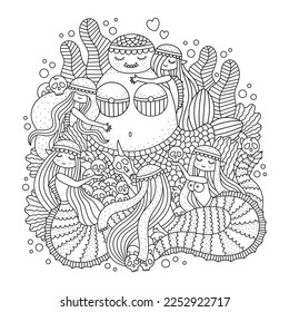 Goddess of mermaids with little girls. Mythology mother of underwater creature with children. Statue of sea monster. Detailed coloring page for adults. Cartoon vector illustration for. Outlined art