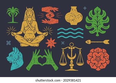 Goddess of moon in lotus position and magical boho scales. Amphora with symbol water for natural vitality. Sorcerers hands with mystical eye. Vector colorful esoteric symbols set