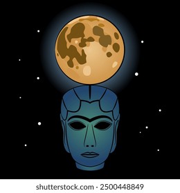 Goddess of moon. Ningal. Head of ancient Mesopotamian goddess in night sky with full moon as her crown. 