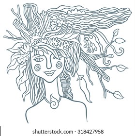 Goddess Mother Nature - symbol of the spirit of nature - hand drawing vector illustration 