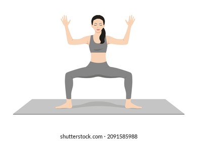 Goddess Pose, Fierce Angle Pose, Victory Squat Pose, Beautiful girl practice Utkata Konasana. Young attractive woman practicing yoga exercise. working out, black wearing sportswear, grey pants and top