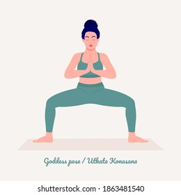 Goddess pose-Utkata Konasana. Young woman practicing Yoga pose. Woman workout fitness, aerobic and exercises. Vector Illustration.