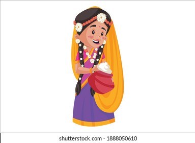 Goddess Radha is holding a butter pot in her hands. Vector graphic illustration. Individually on a white background.
