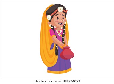 Goddess Radha is holding an earthen pot in her hands. Vector graphic illustration. Individually on a white background.