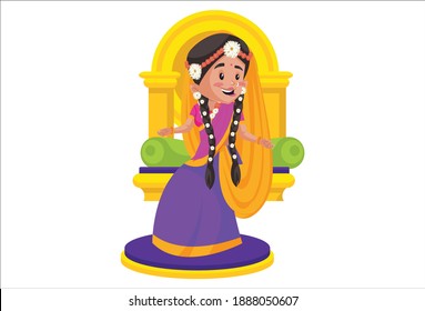Goddess Radha is sitting on a throne. Vector graphic illustration. Individually on a white background.