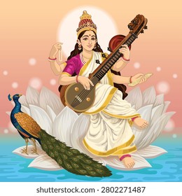 Goddess Saraswathi Sitting on Lotus with peacock